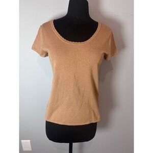 Philosophy Republic Clothing Short Sleeve Sweater Scalloped Neck Top‎ Camel M